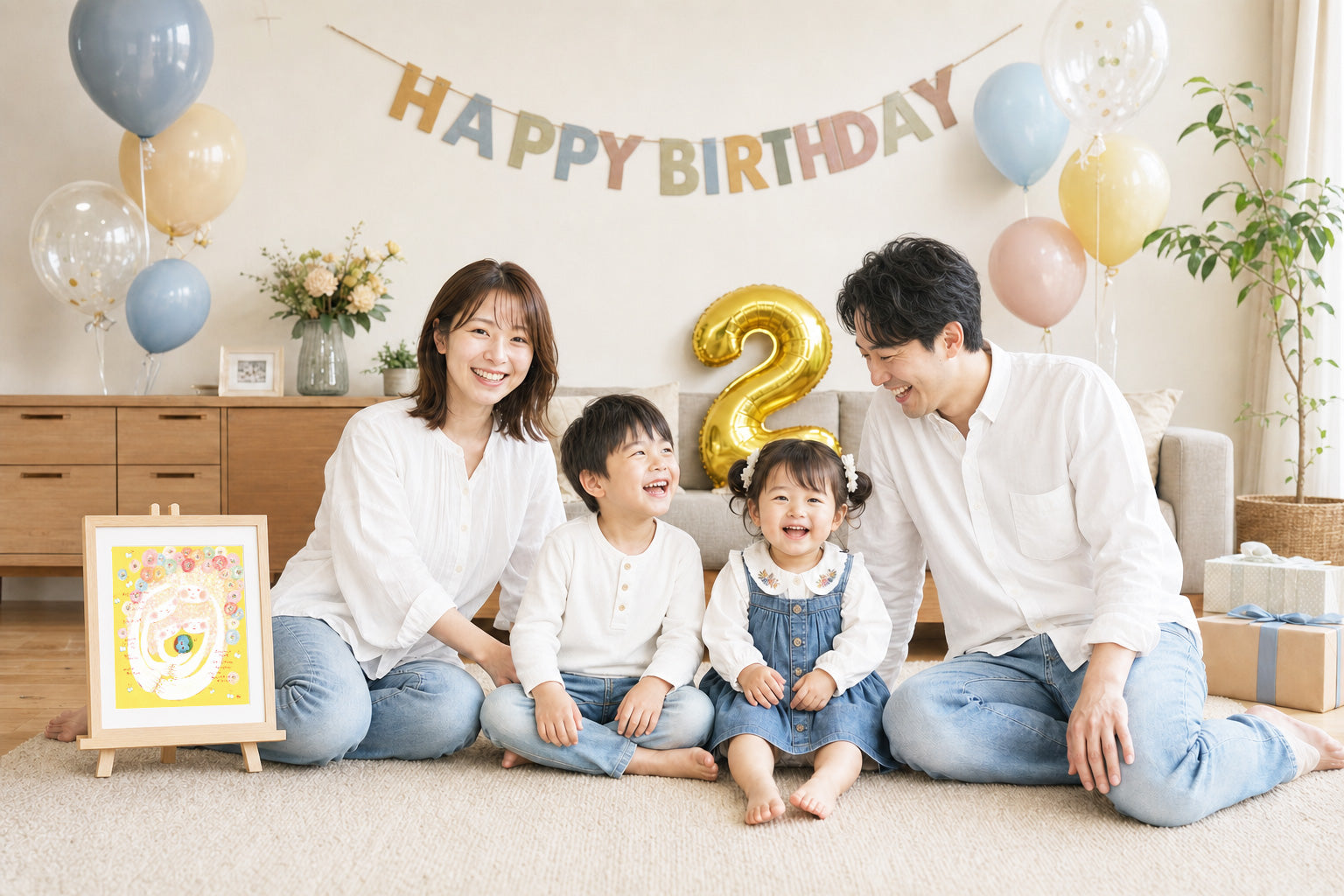 2歳の誕生日飾りと額装された絵を囲み、家族4人で笑顔の記念写真を撮る様子