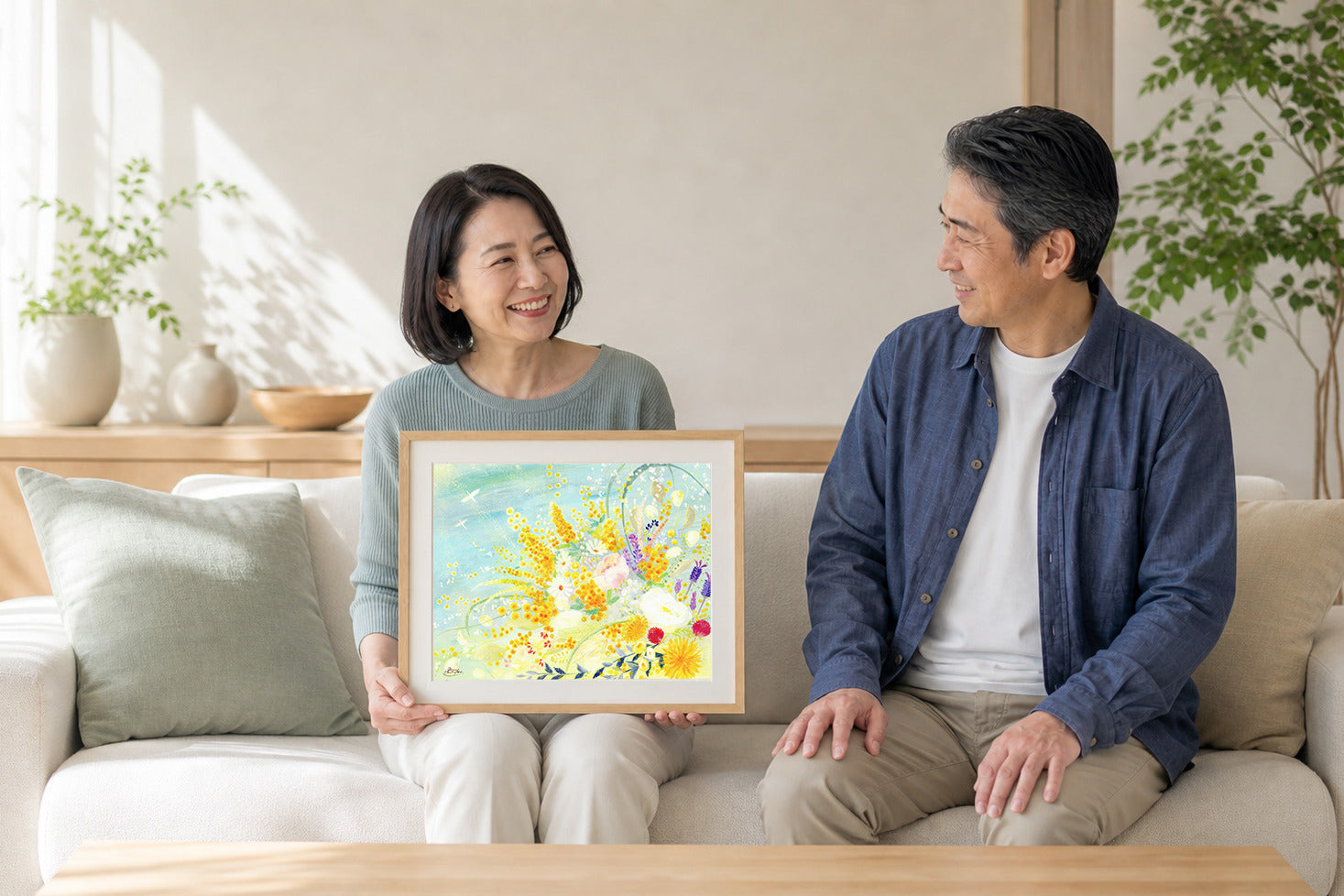 リビングのソファでご夫婦が花の絵を手に、笑顔を交わす様子