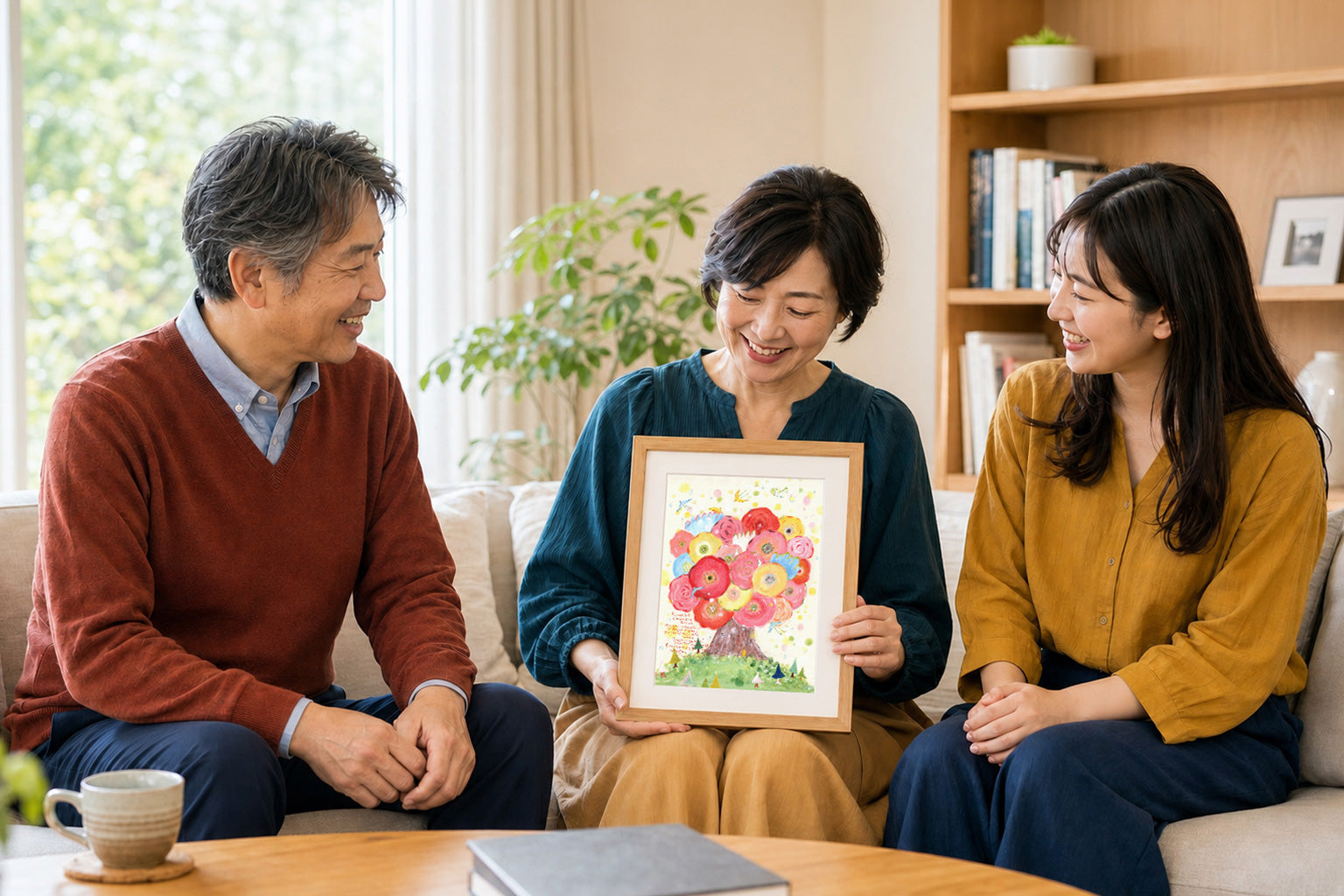 娘から贈られた花の絵を囲み両親と娘が笑顔を交わす様子