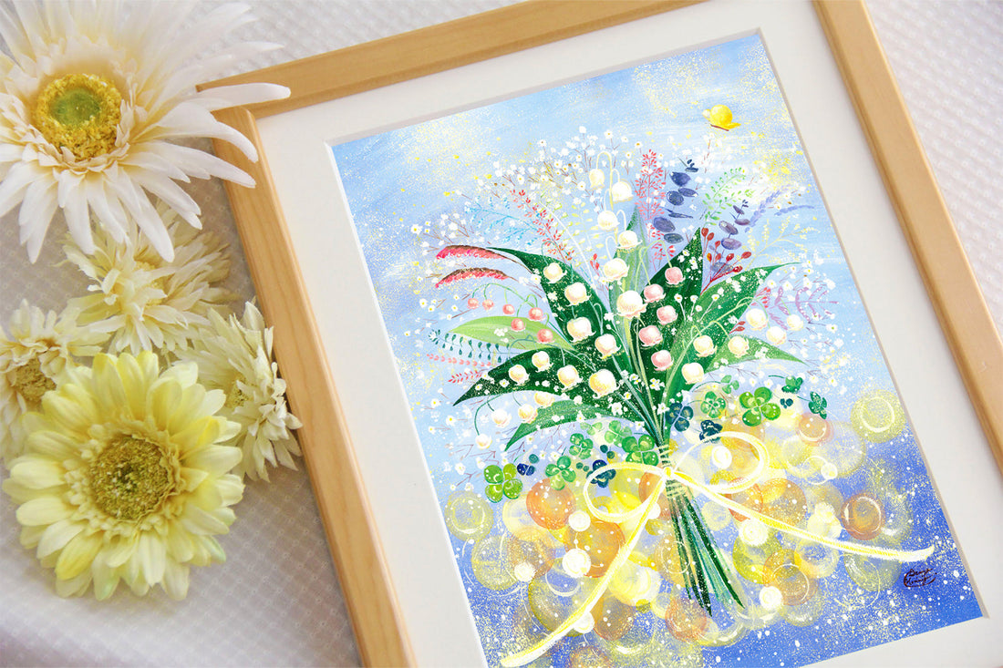 花に囲まれた作品『巡る幸せを花束に』の額装写真