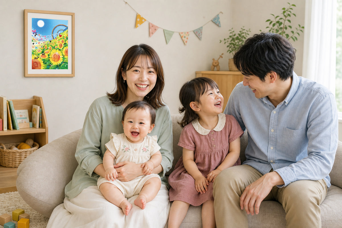 リビングに絵画「Sunny Day」を飾り、赤ちゃんと姉を囲んで家族が笑い合う様子