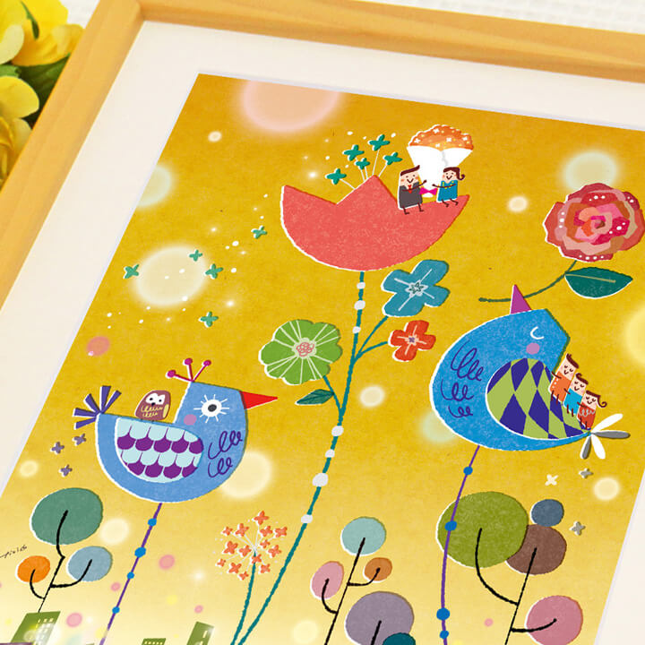 黄色の絵画、梟(ふくろう)の絵、縁起の良い