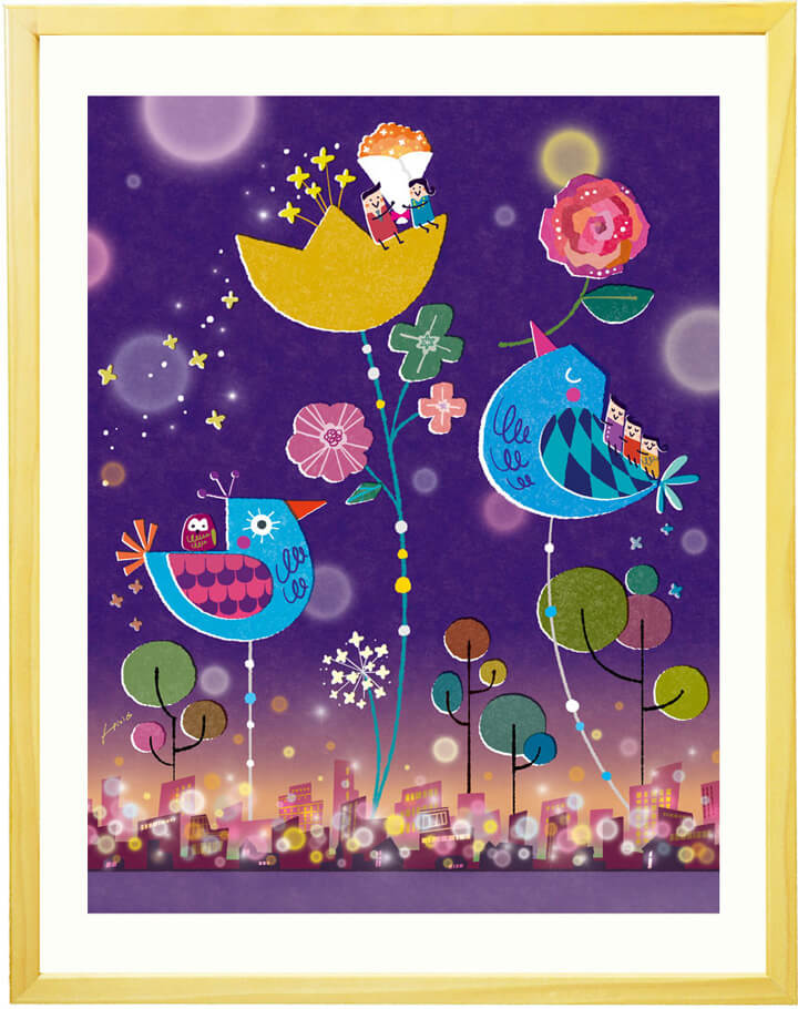 梟(フクロウ)の絵画、喜寿祝い、88歳のお祝い、古希祝い、70歳のお祝い、77歳の誕生日、80歳の誕生日、傘寿祝い、米寿祝い、紫色、紺色