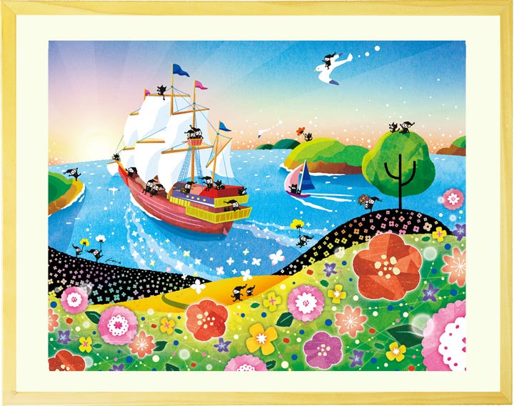 海の絵画、帆船、船の絵、門出