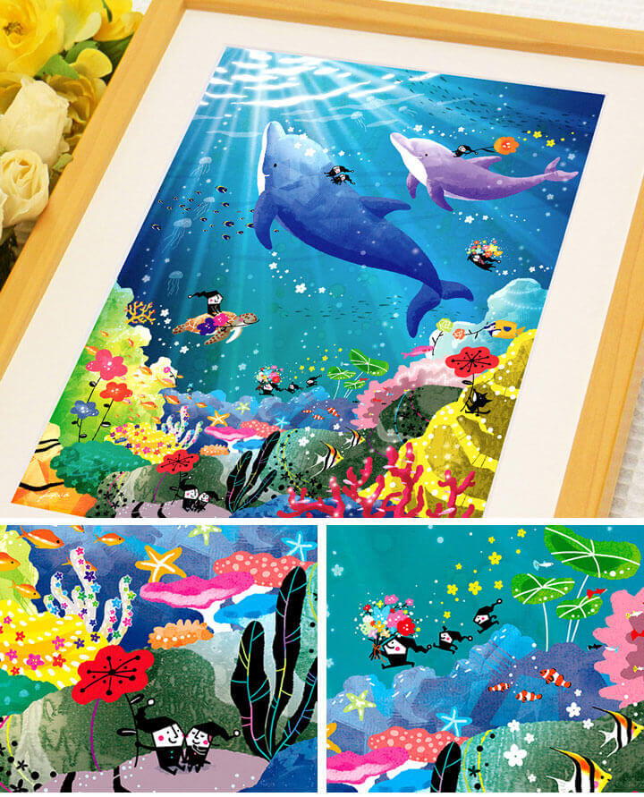 絵画、海、絵、海の中、ウミガメ、サンゴ、珊瑚