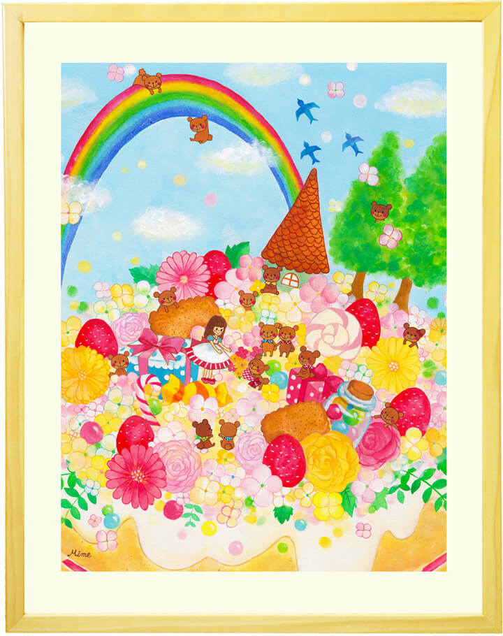 クマの絵画、誕生日の絵、ケーキの絵画、花畑