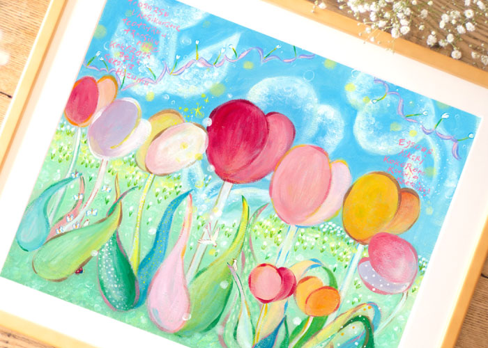 絵画 チューリップ ピンク 赤 水色