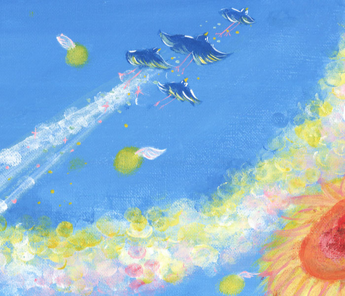 幸せの青い鳥が空へ羽ばたく絵