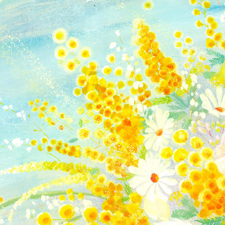 絵画「春告ぐミモザの花束」の細部（2）