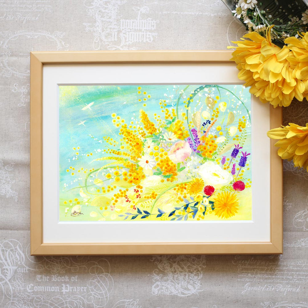 絵画「春告ぐミモザの花束」の細部（1）
