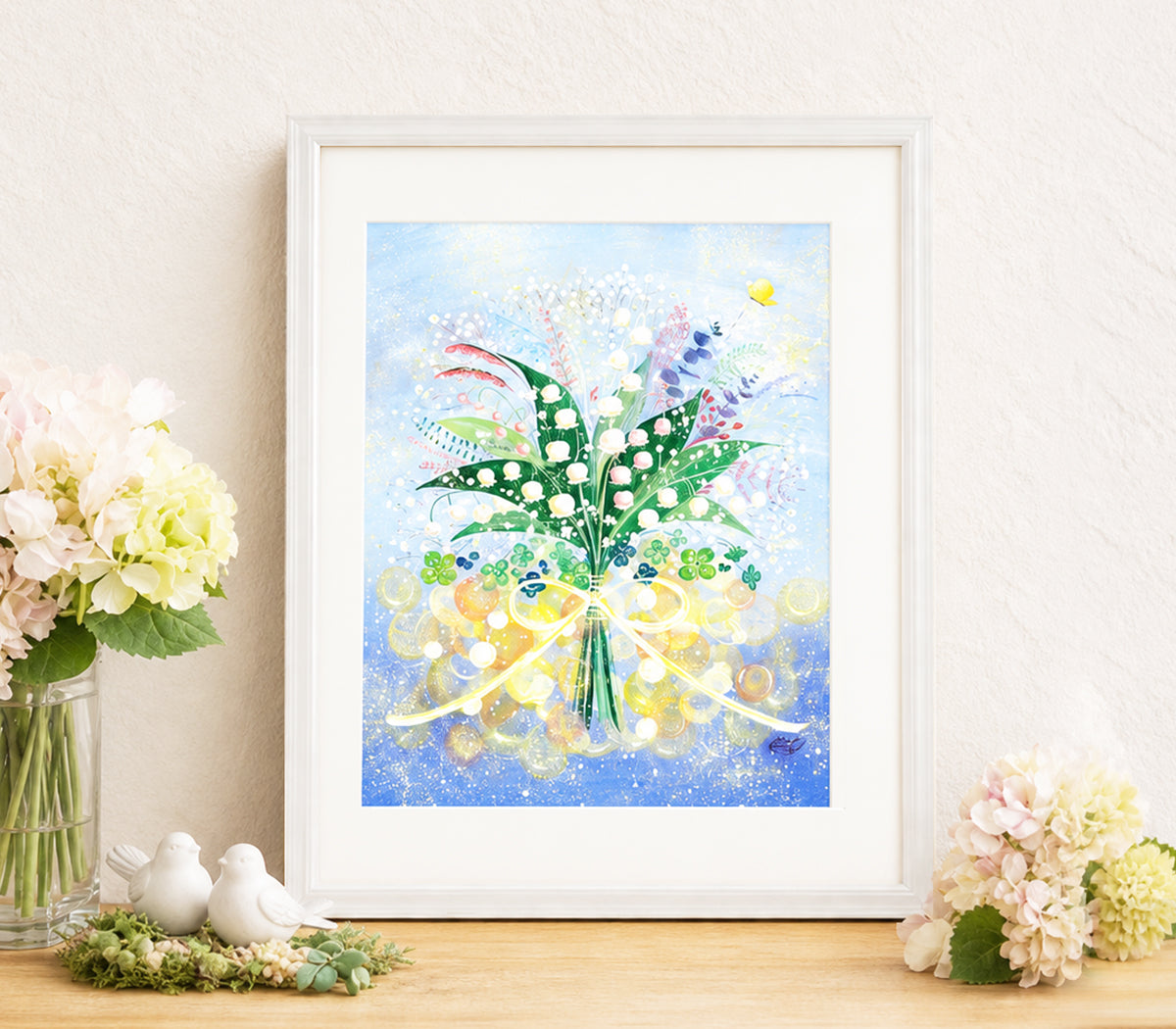 パールホワイト額に入れた「巡る幸せを花束に」の額装例