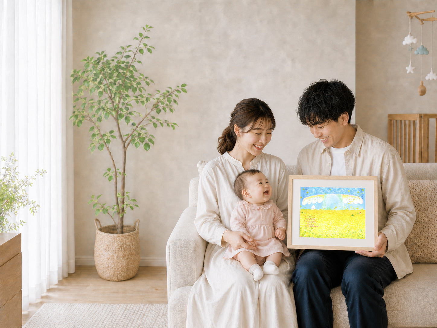 赤ちゃんを抱く家族が、未来への希望を描いた額装された絵をリビングで囲む様子