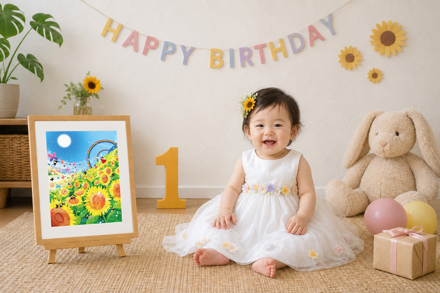 ひまわりの絵と壁飾り、髪飾りを合わせて1歳の誕生日を祝う女の子