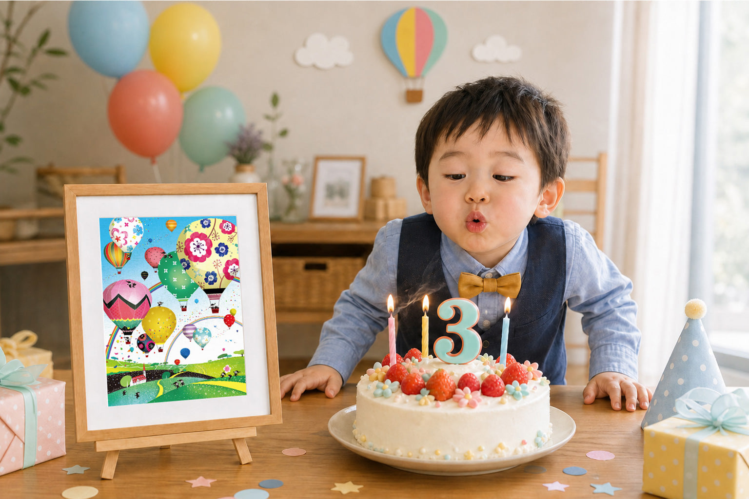 気球の絵と気球の壁飾りを合わせ、3歳の男の子が誕生日ケーキのろうそくを吹く様子