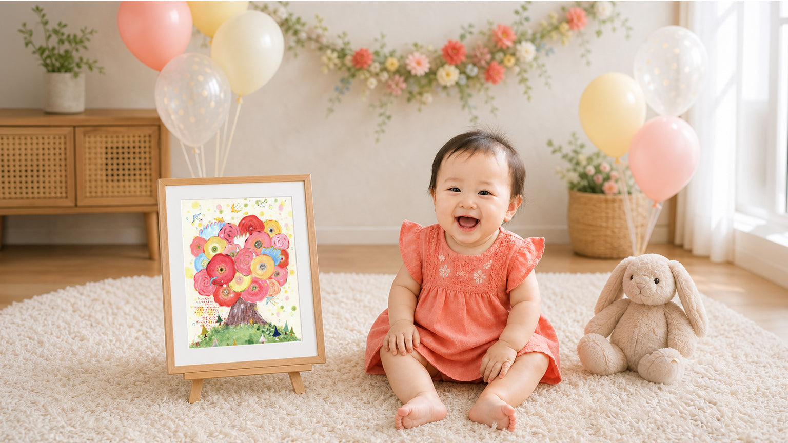 花飾りとバルーンに囲まれ、祝福の花を描いた額装された絵と一緒に笑うハーフバースデーの赤ちゃん