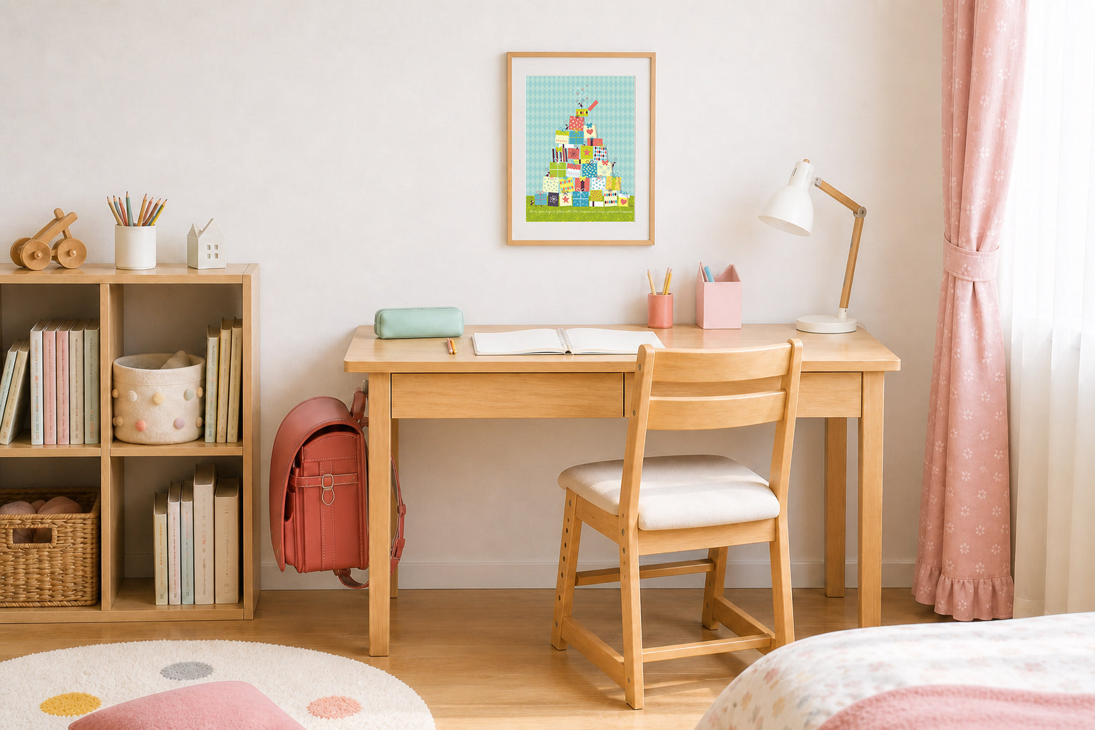 学習机とランドセルのある子供部屋に、贈り物を積み重ねた絵を飾った入学や卒業祝いのイメージ