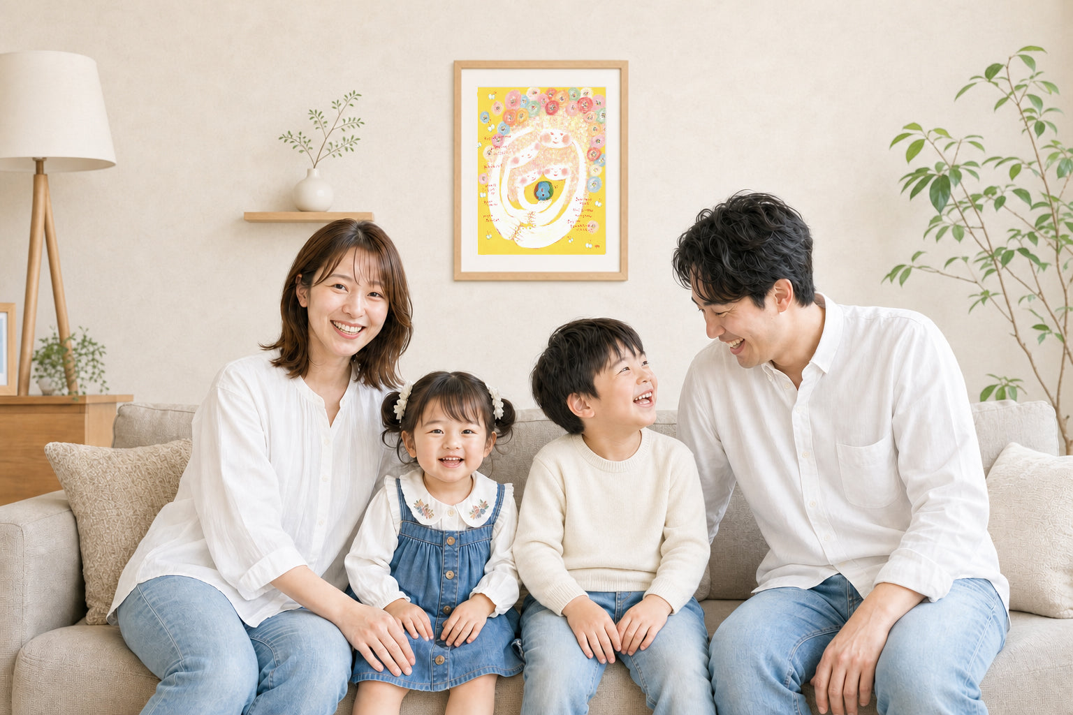 家族4人が、額装された絵の前で笑顔を交わすリビングの様子