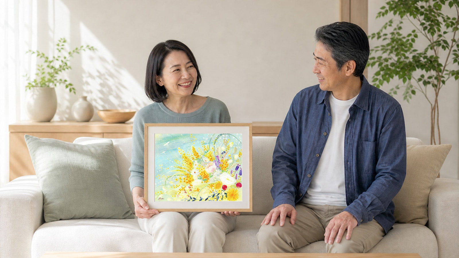 ソファでご夫婦が贈られた花の絵を持ち、笑顔を交わす様子