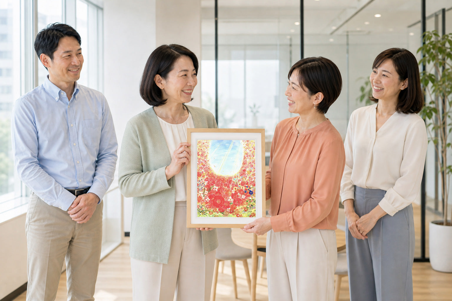 明るいオフィスで、退職を迎える人へ仲間が花の絵を贈る様子