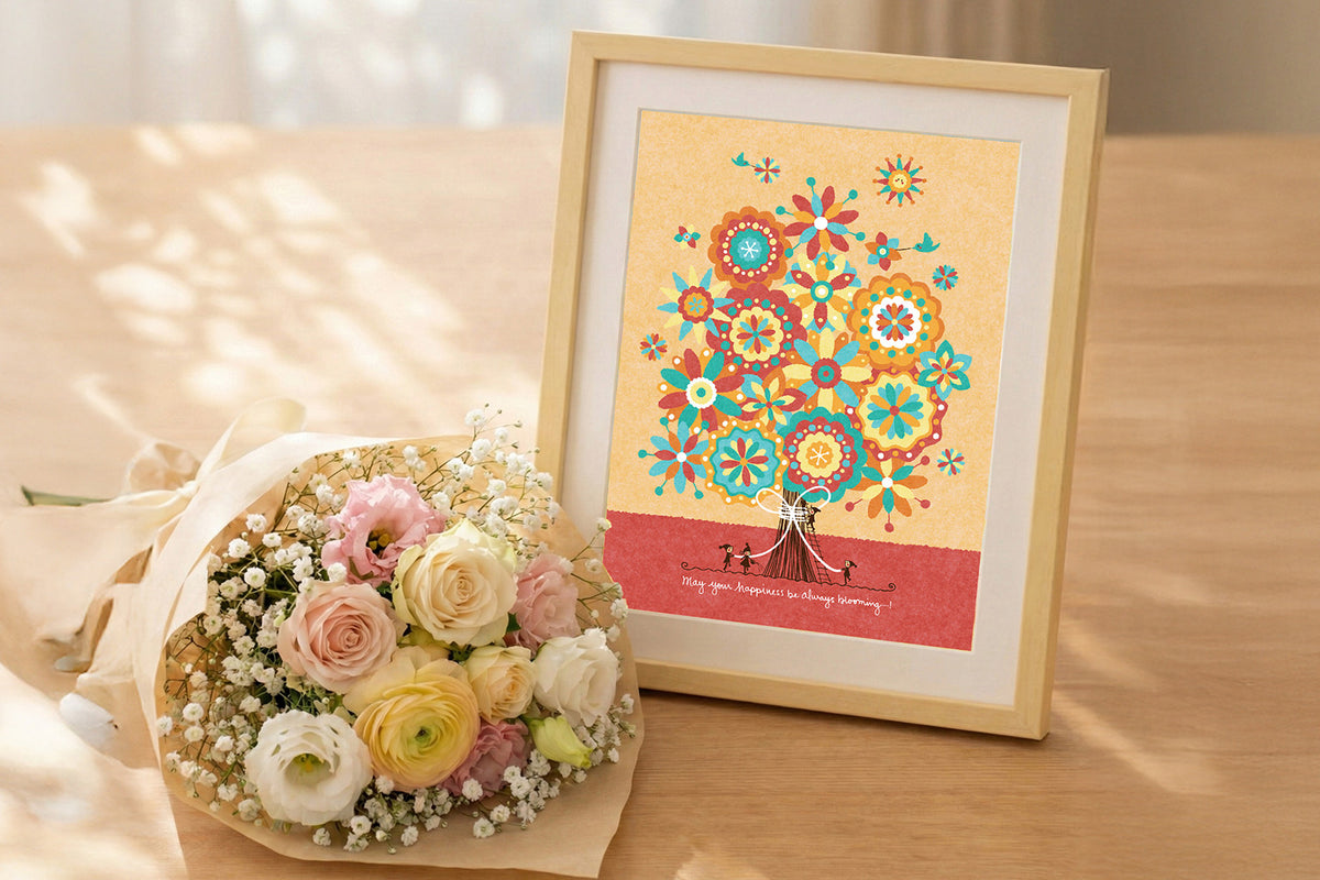 花束と幸せの花束の額装作品を並べた誕生日や記念日の贈り物
