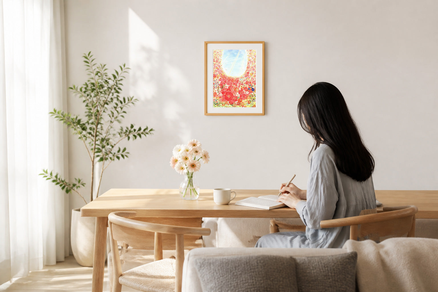 明るいダイニングで、花を描いた作品とともに過ごす女性