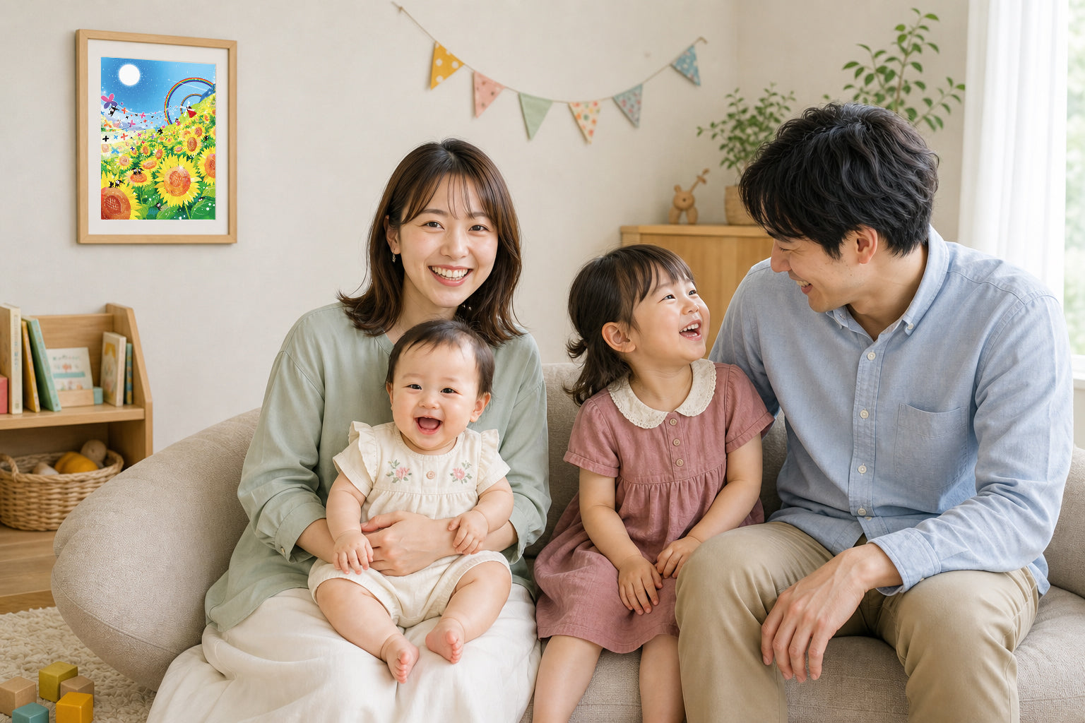 リビングに絵画「Sunny Day」を飾り、赤ちゃんと姉を囲んで家族が笑い合う様子