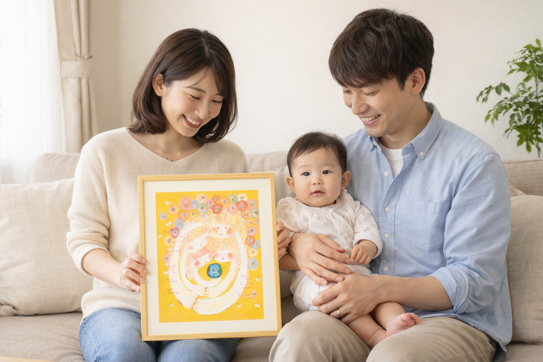 赤ちゃんを抱く両親が、額装作品と一緒に過ごす家族写真