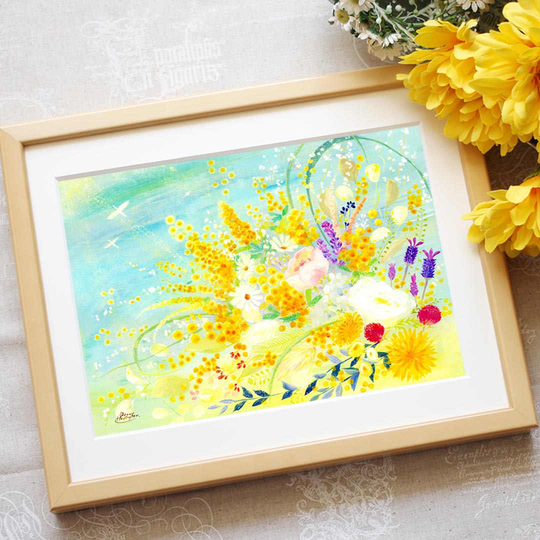 花を添えた額装作品「春告ぐミモザの花束」