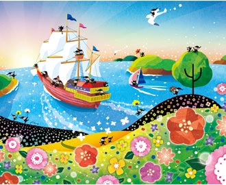 朝日の絵画インテリア、帆船の絵、船、出航
