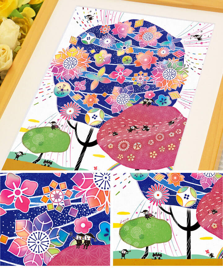 藍色の絵画、かわいい日本画、紺色、お祝い