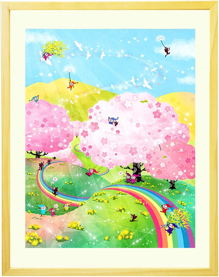 桜の絵画、春の絵、福寿草の花