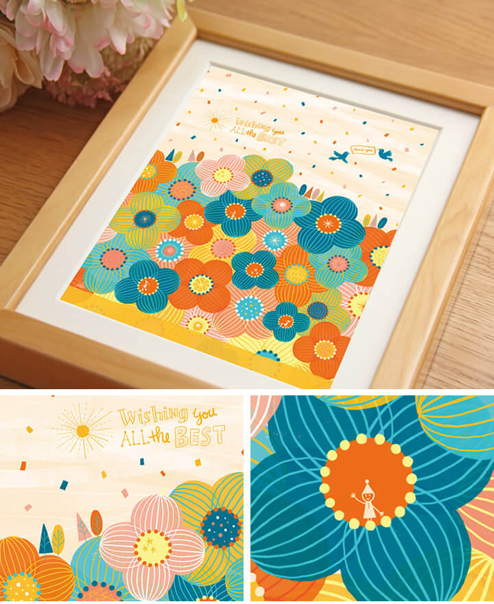太陽の絵画、タイポグラフィ、アートポスター、花と金魚の絵画
