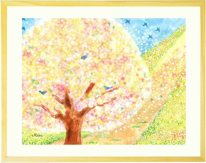 ピンクの絵画インテリアアート、桜の絵画、桜並木、さくらの絵、水彩画、風水
