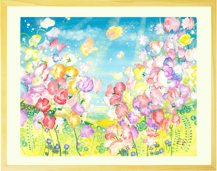 花、花畑、スイートピーの絵画