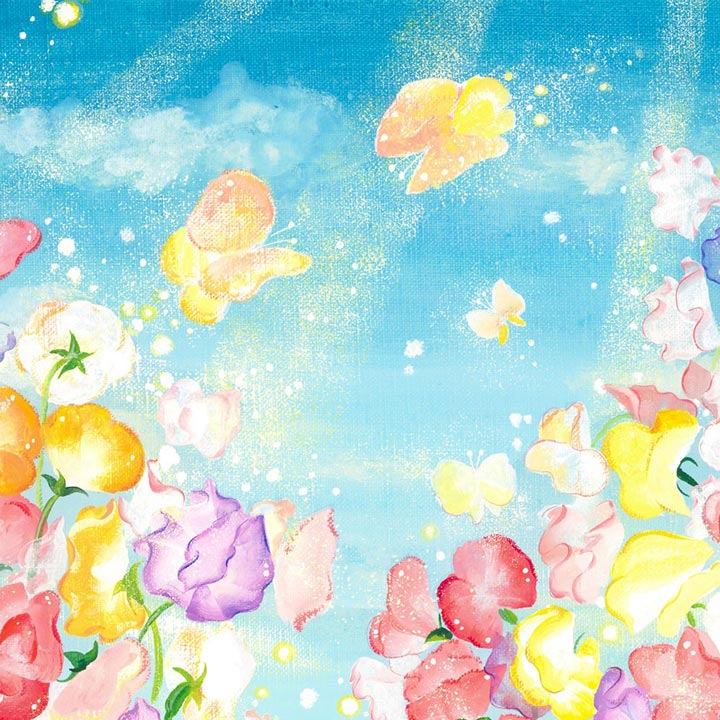ピンク、ブルー、パープル、イエローのスイートピーの絵画