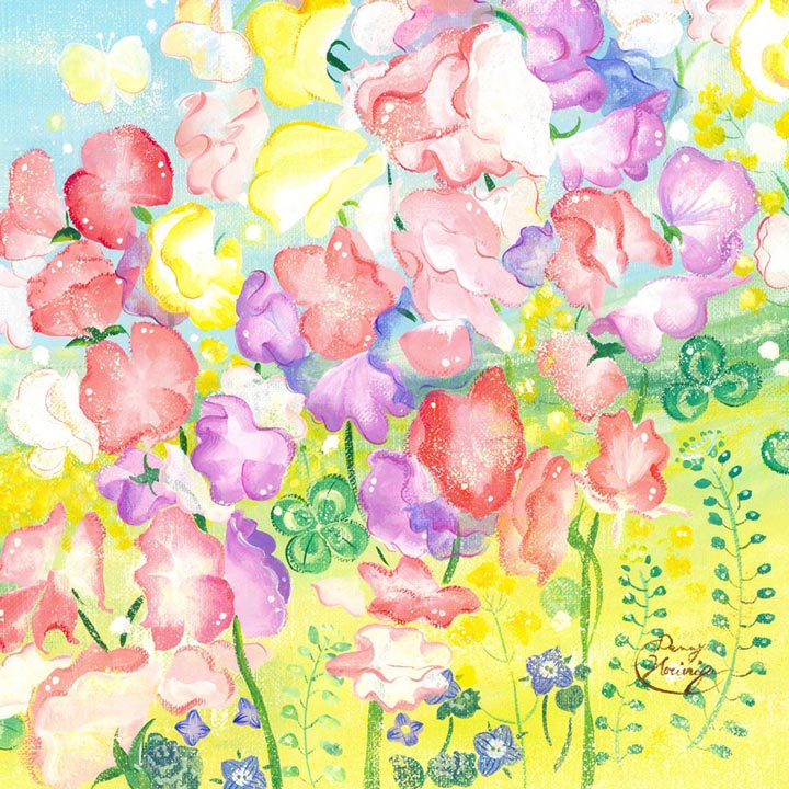 赤、ピンク、青、黄色、紫のスイートピーの絵画