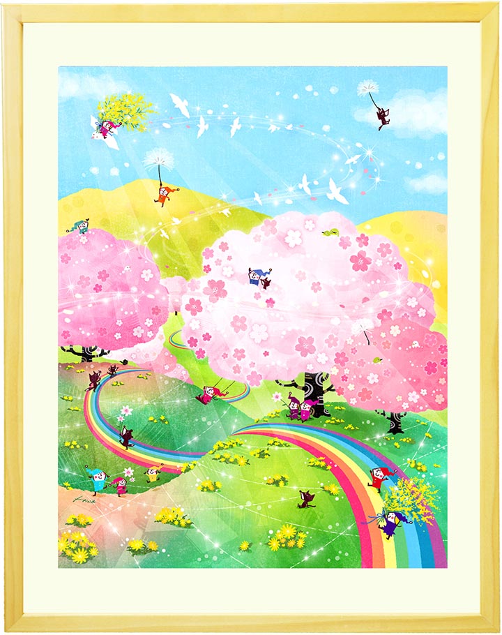 桜の絵画、春の絵、福寿草の花